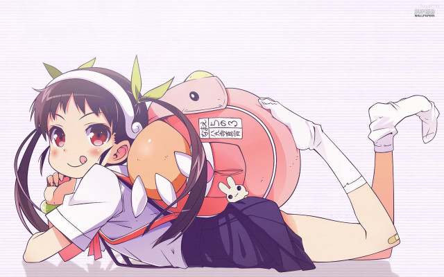 Girl laying ground backpack cat free wallpaper - medium preview image