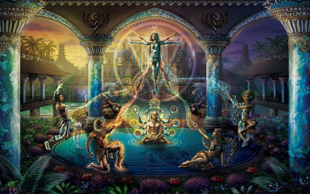 Fountain man woman sitting painting free wallpaper - medium preview image