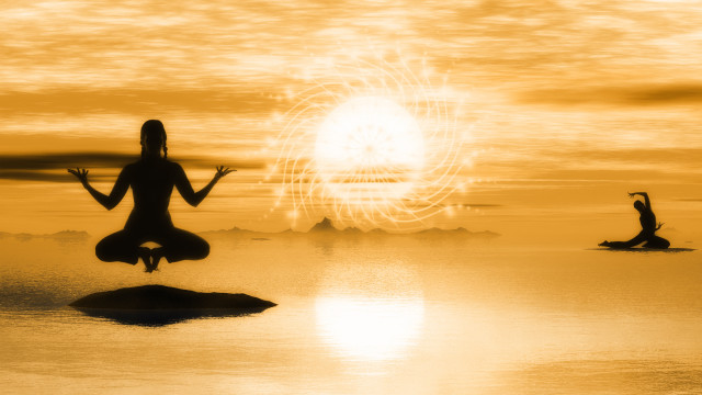 Yoga woman rock water sun free wallpaper - medium preview image