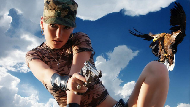 Woman camouflage gun bird flying free wallpaper - medium preview image