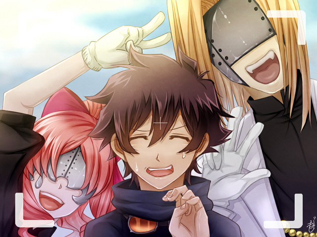 Anime group blindfolded posing smiling free wallpaper - medium preview image