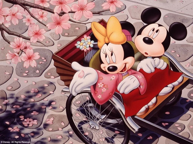 Mickey minnie bicycle cherry blossoms free wallpaper - medium preview image
