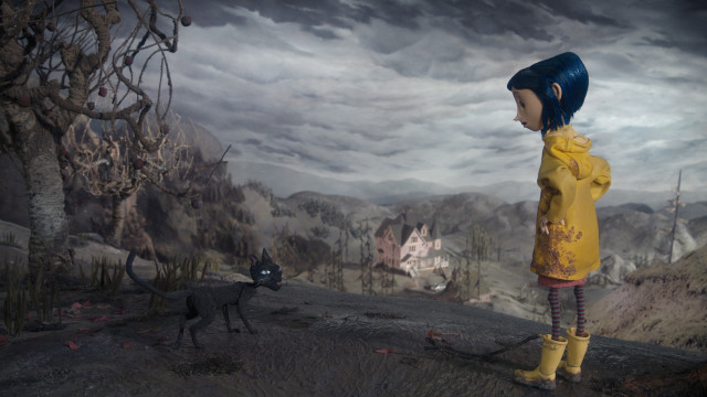 Woman yellow raincoat black cat free wallpaper for desktop - medium preview image