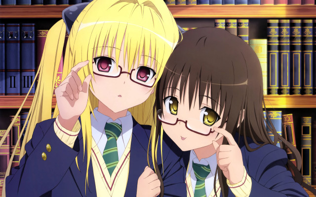 Anime girls school uniforms bookshelf free wallpaper - medium preview image