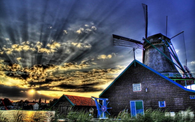 Windmill building culminating sunset crepuscular free wallpaper - medium preview image