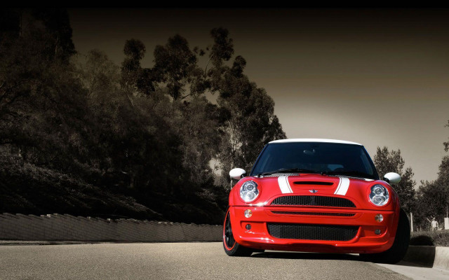 Red car parked road trees free wallpaper - medium preview image