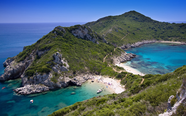 Beach mountain water boats scenery free wallpaper - medium preview image