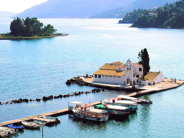 Small island church boats dock free wallpaper - medium preview image