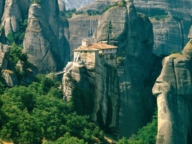 Cliffside building mountains forest waterfall free wallpaper - medium preview image