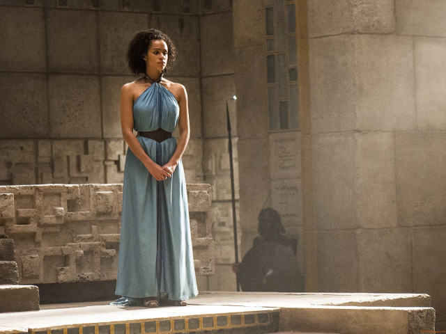 Woman blue dress stone platform free wallpaper - medium preview image
