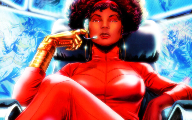 Woman red outfit chair hand free wallpaper - medium preview image