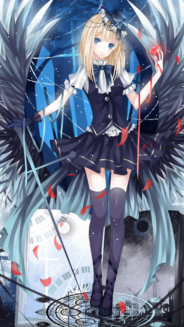 Anime girl black dress wings free wallpaper - medium preview image