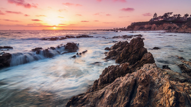 Sunset ocean waves rocks house free wallpaper - medium preview image