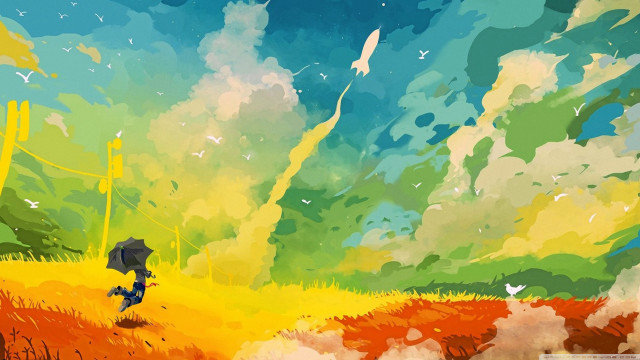 Person umbrella field grass trees free wallpaper - medium preview image