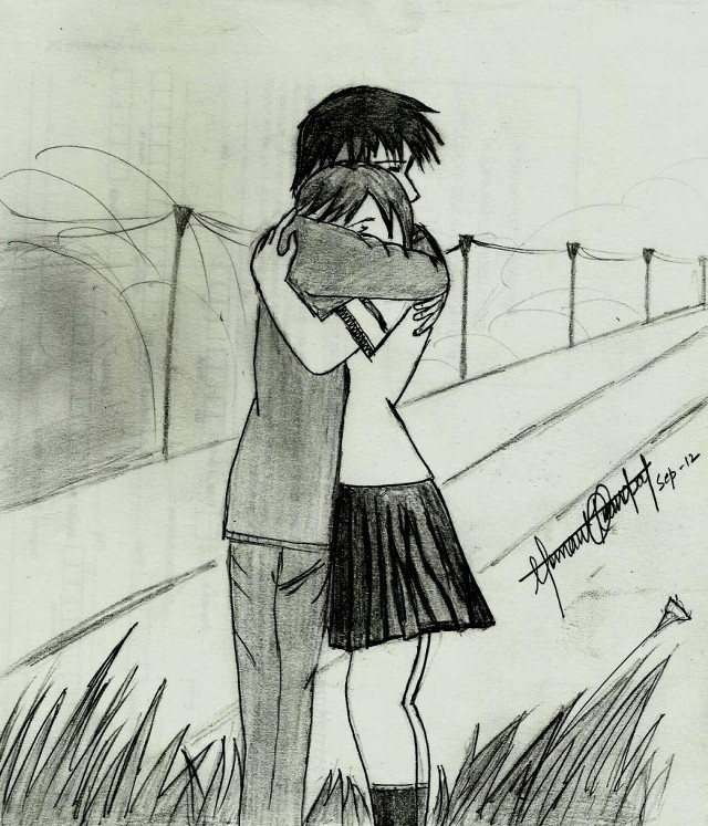 Couple hugging bridge sky background free wallpaper - medium preview image