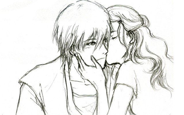 Kissing people close faces drawing free wallpaper - medium preview image