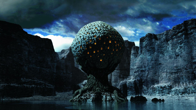 Strange structure lake mountains lights free wallpaper - medium preview image