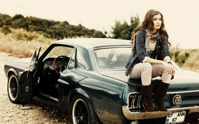 Woman sitting car hood dogs free wallpaper - medium preview image