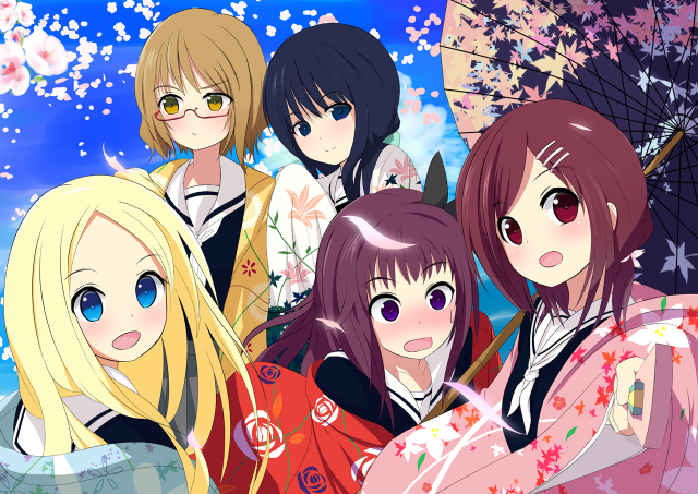 Anime girls umbrella sky flowers free wallpaper - medium preview image