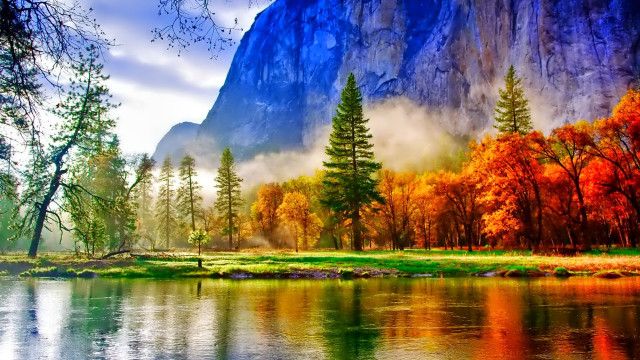 Mountain lake autumn forest reflection free wallpaper - medium preview image