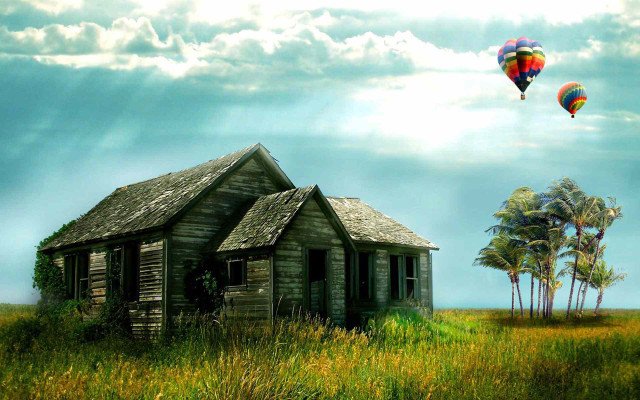 House field hotairballoon tree mattepainting free wallpaper - medium preview image