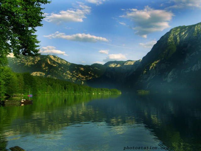 Lake mountains trees boat people #2 free wallpaper - medium preview image