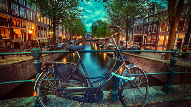 Bicycle parked bridge canal night free wallpaper - medium preview image