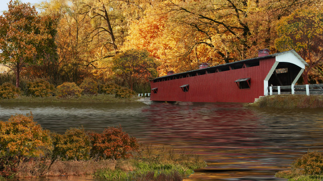 Red covered bridge fall river free wallpaper - medium preview image