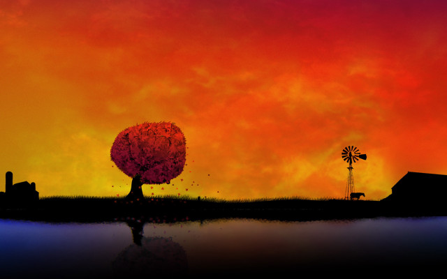 Red sky windmill tree dusk free wallpaper - medium preview image