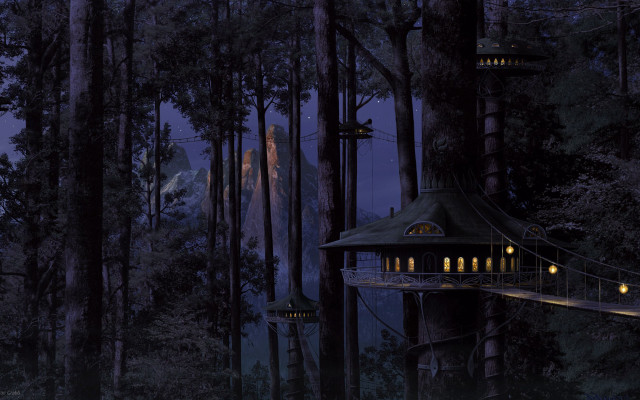Tree house forest night lights free wallpaper - medium preview image