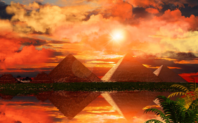 Sunset pyramids boat water red free wallpaper - medium preview image
