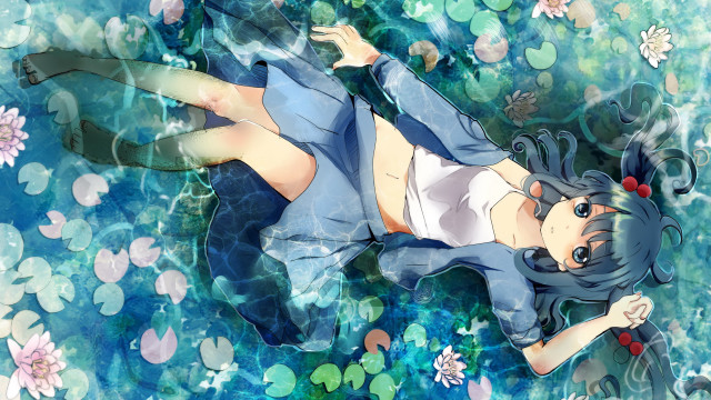 Woman floating pool water flowers free wallpaper - medium preview image
