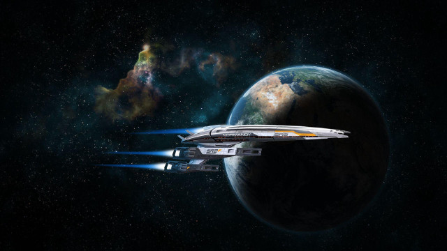 Spaceship flying through space planet free wallpaper - medium preview image
