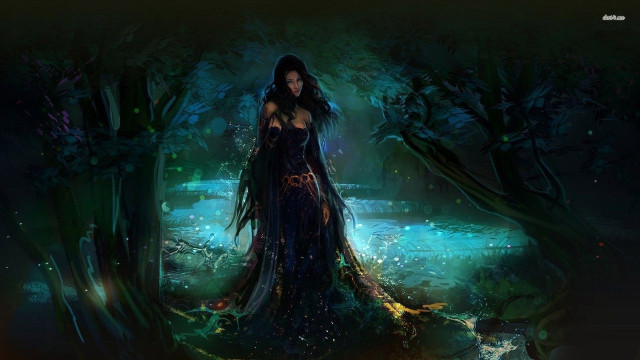 Woman dark dress forest stream free wallpaper - medium preview image
