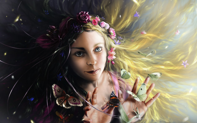 Woman butterfly floating hair fantasy free wallpaper - medium preview image