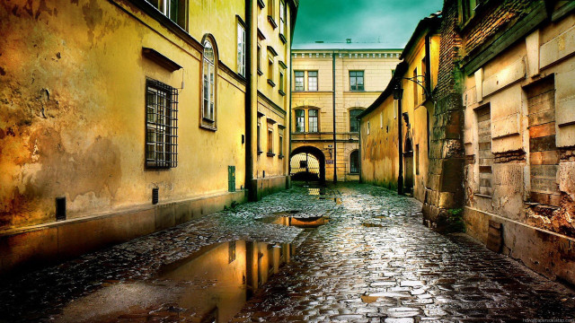 Narrow alley puddle building green free wallpaper - medium preview image