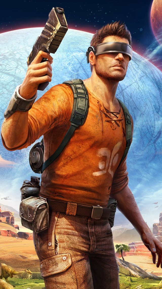 Man holding gun giant planet free wallpaper - medium preview image