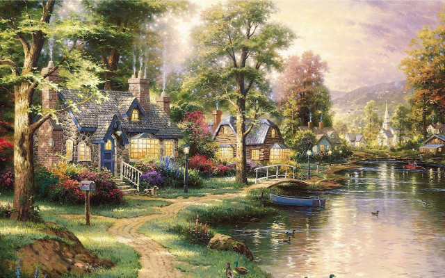 Lake house boat bridge background free wallpaper - medium preview image