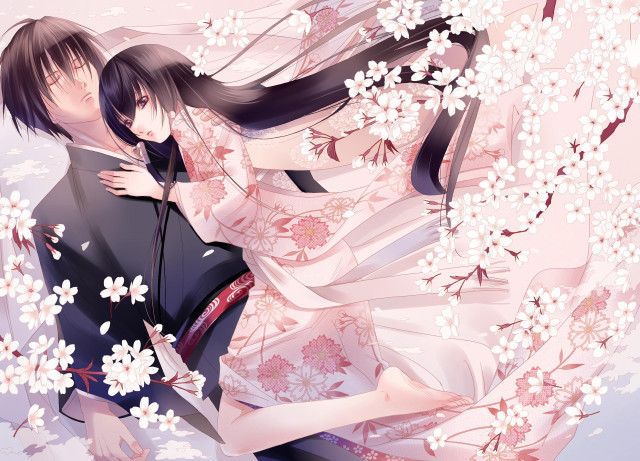Hugging couple flowers trees long free wallpaper - medium preview image