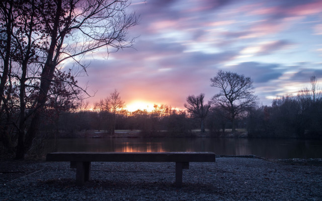 Bench gravel lake sunset setting free wallpaper - medium preview image