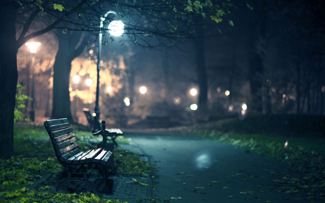 Park bench sidewalk night streetlights free wallpaper - medium preview image