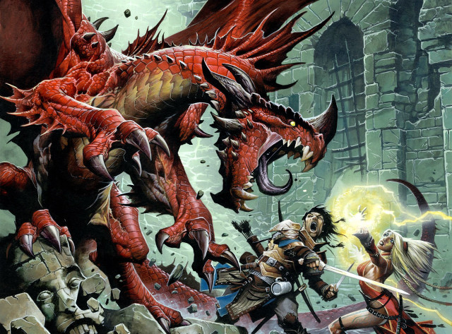 Red dragon attacking man sword free wallpaper - medium preview image