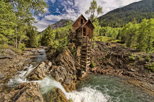 Wooden structure cliff river forest free wallpaper - medium preview image