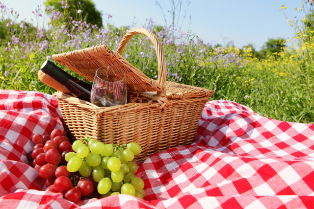 Picnic basket wine grapes flowers free wallpaper - medium preview image