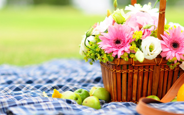 Basket flowers blanket apples pears free wallpaper - medium preview image