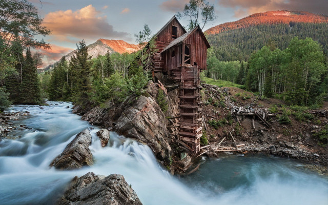 Wooden structure mountain river waterfall free wallpaper - medium preview image