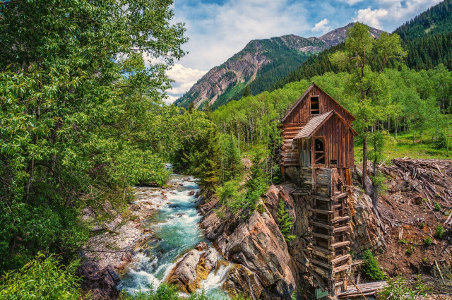 Wooden building cliff river forest free wallpaper - medium preview image