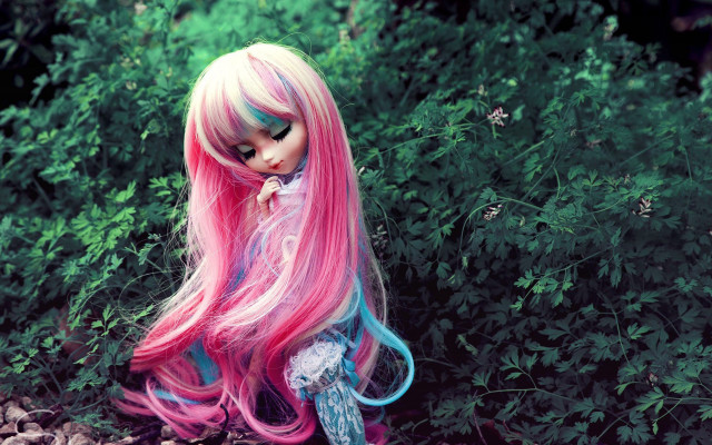 Pink blue hair doll forest free wallpaper - medium preview image
