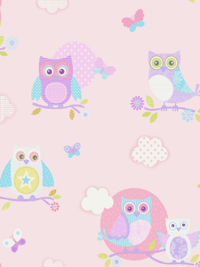 Pink background owls butterflies pattern free wallpaper - medium preview image