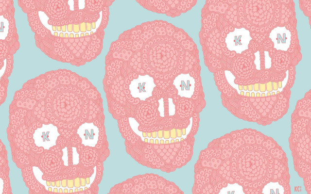 Pink skull yellow mouth blue free wallpaper - medium preview image